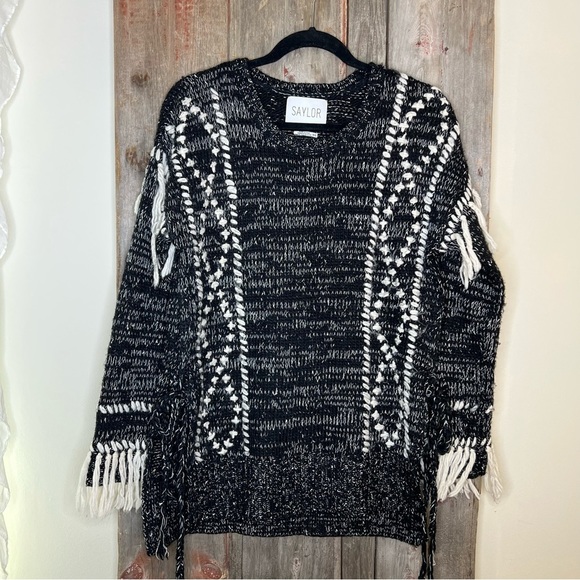 Saylor Oversized Black and White Fringe Sweater with Open Sides size XS/ S - Picture 14 of 14